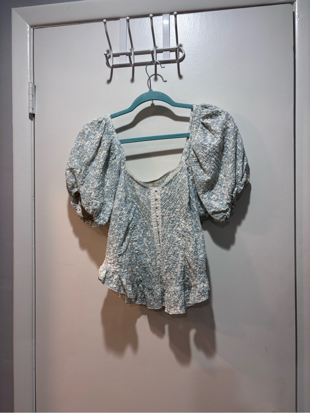 Free People Light Blue Floral Puff-Sleeve Blouse